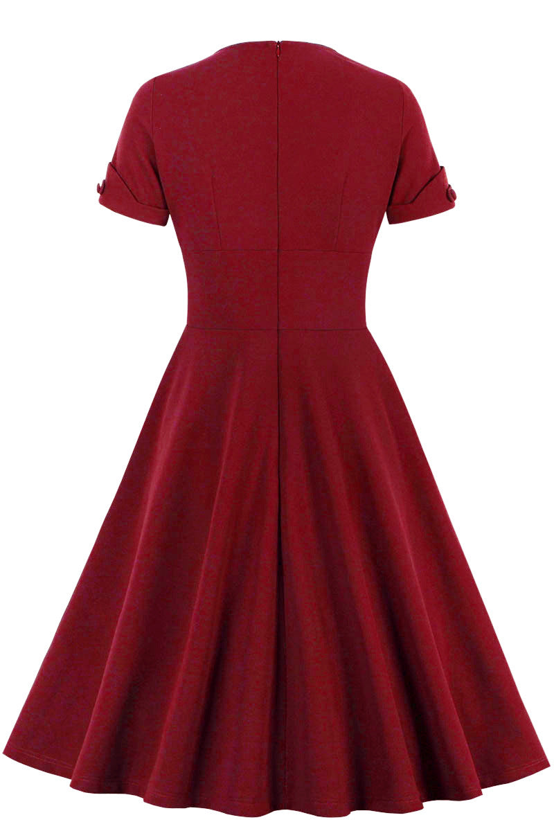 Red V Neck A-line Short Dress with Short Sleeves