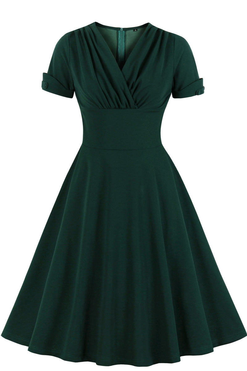 Green V Neck A-line Short Dress with Short Sleeves