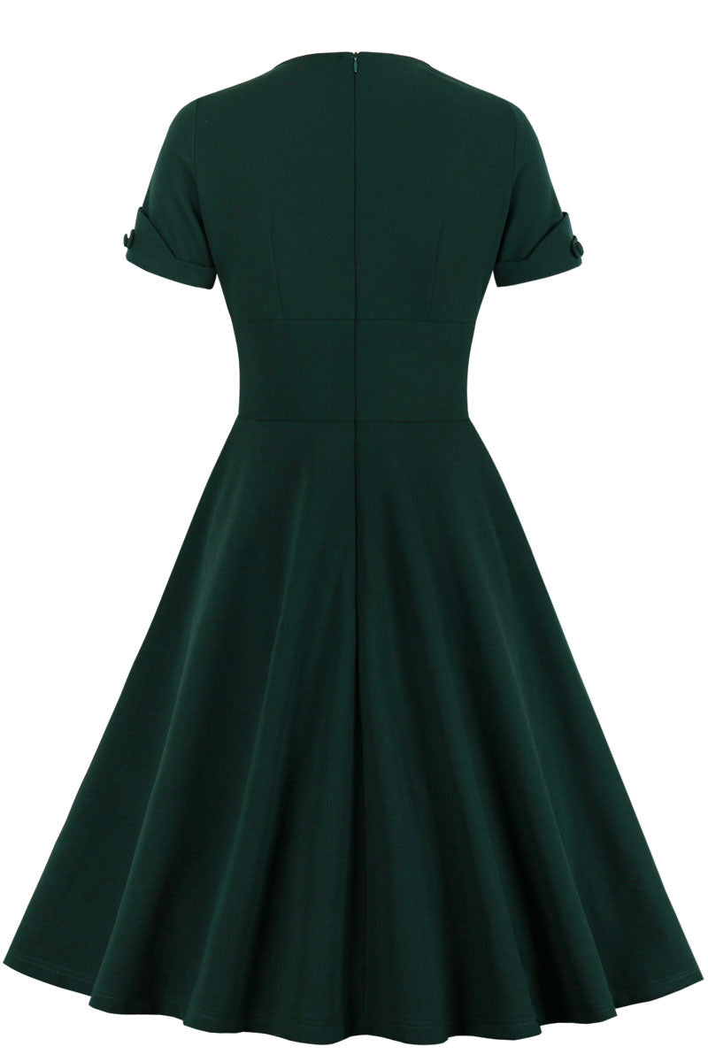 Green V Neck A-line Short Dress with Short Sleeves