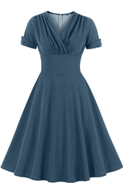 Blue V Neck A-line Short Dress with Short Sleeves