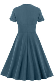 Blue V Neck A-line Short Dress with Short Sleeves