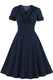 Navy Blue V Neck A-line Short Dress with Short Sleeves