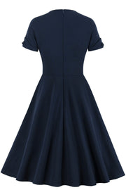 Navy Blue V Neck A-line Short Dress with Short Sleeves