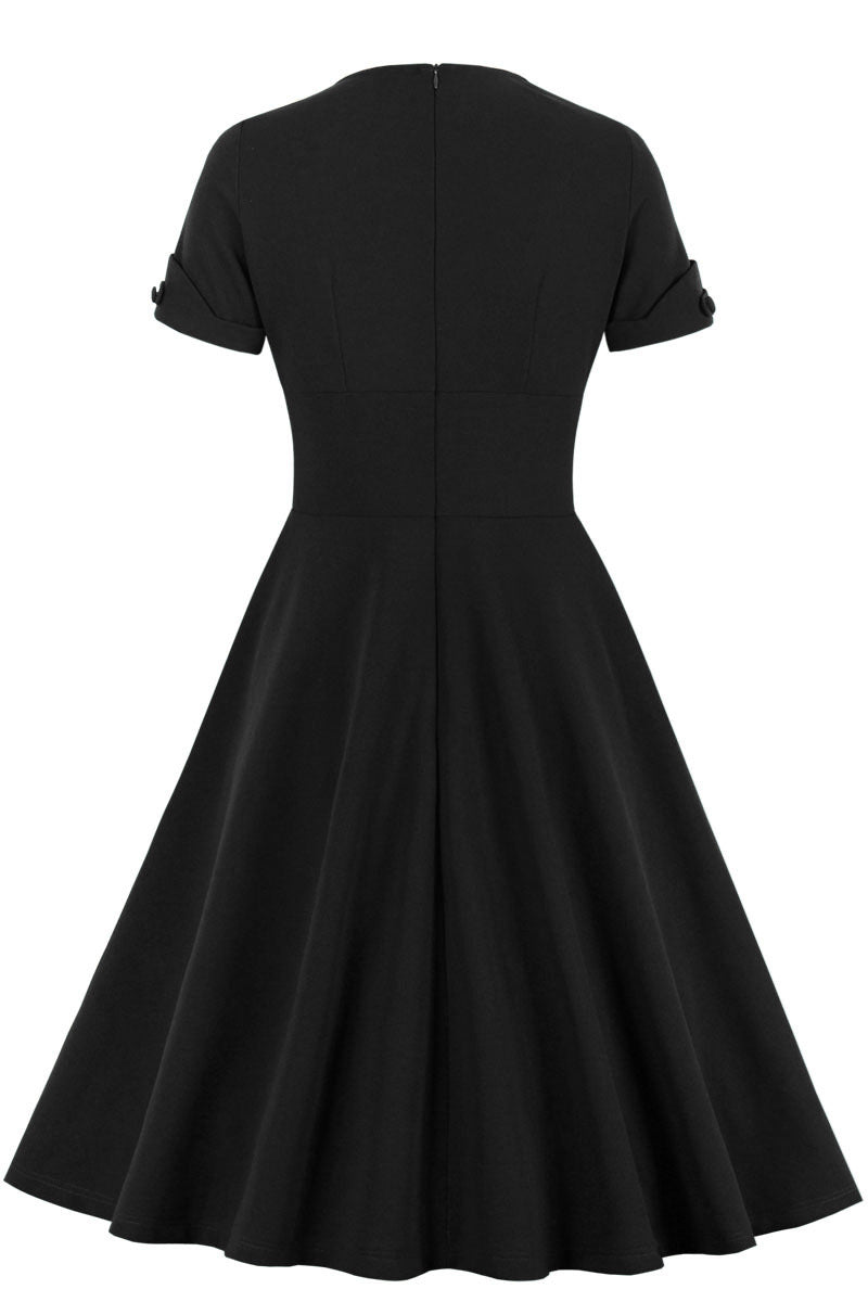 Black V Neck A-line Short Dress with Short Sleeves