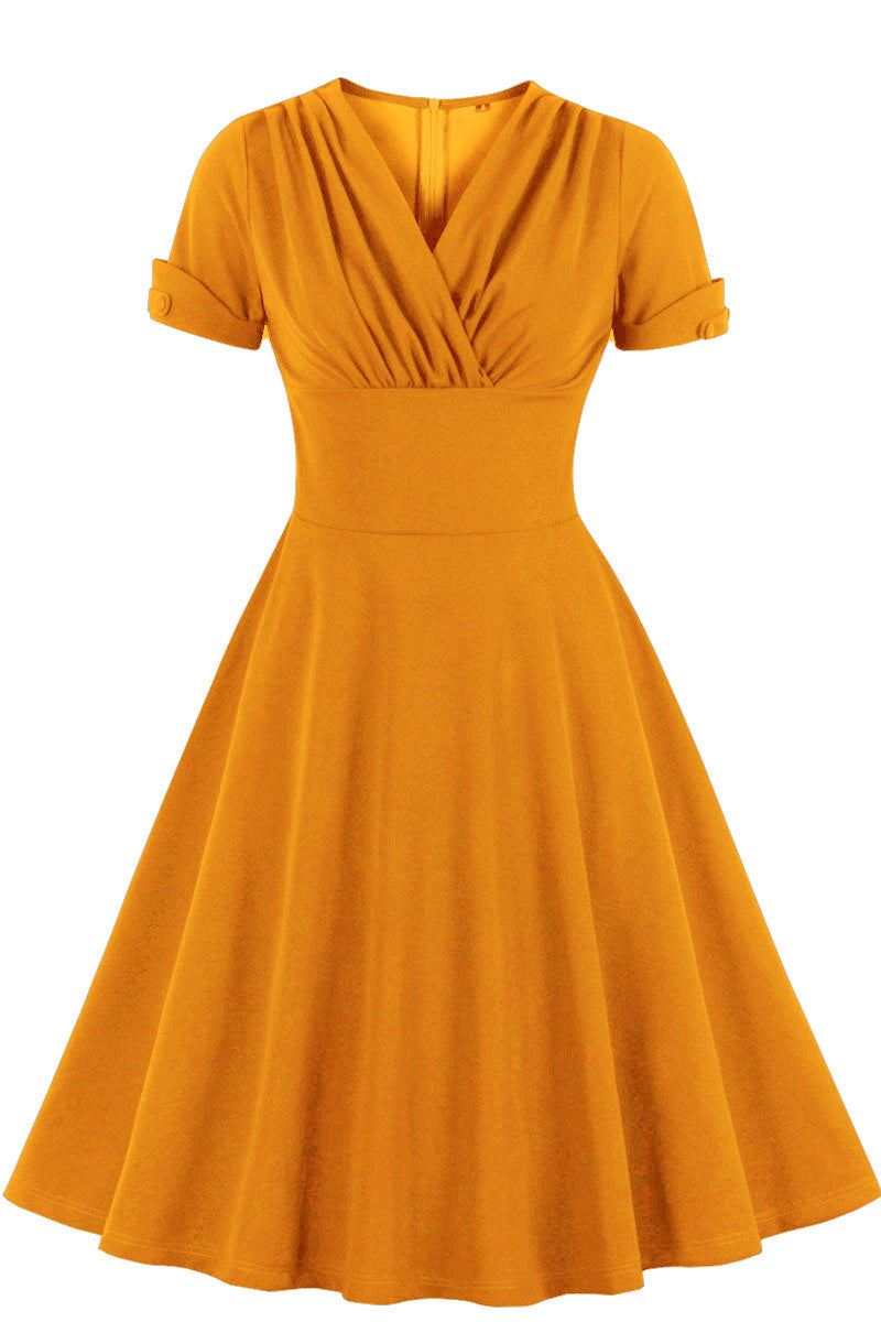 Yellow V Neck A-line Short Dress with Short Sleeves