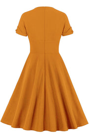 Yellow V Neck A-line Short Dress with Short Sleeves