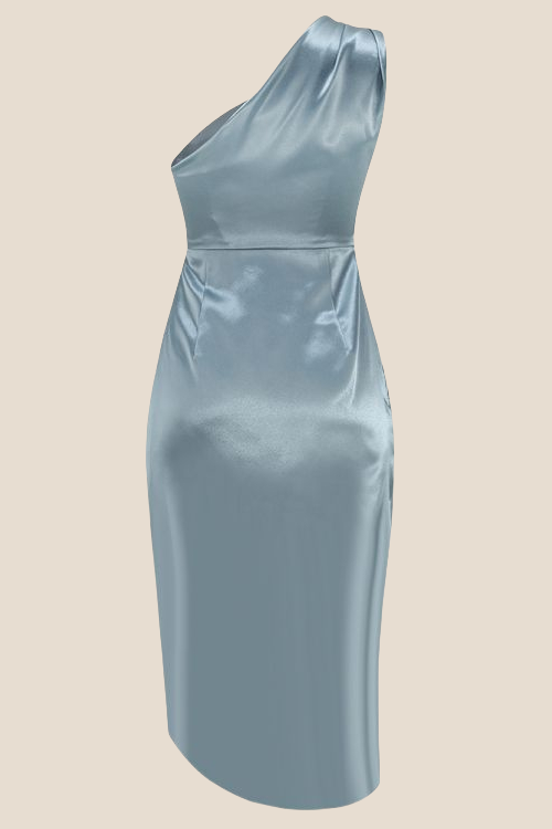 One Shoulder Blue Ruched Irregular Dress with Slit