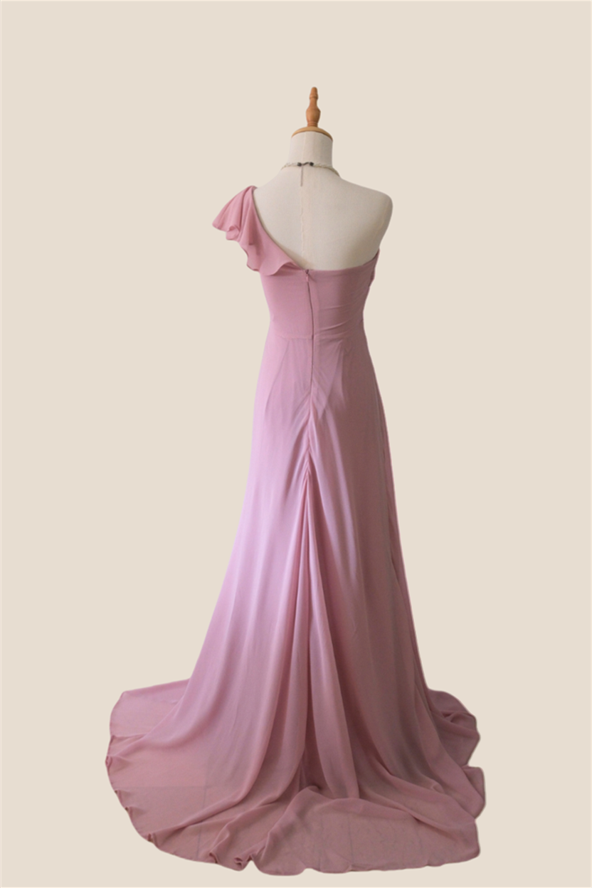 One Shoulder Dusty Pink Ruffle Bridesmaid Dress