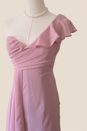 One Shoulder Dusty Pink Ruffle Bridesmaid Dress