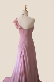 One Shoulder Dusty Pink Ruffle Bridesmaid Dress