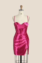 One Shoulder Fuchsia Ruched Tight Short Dress