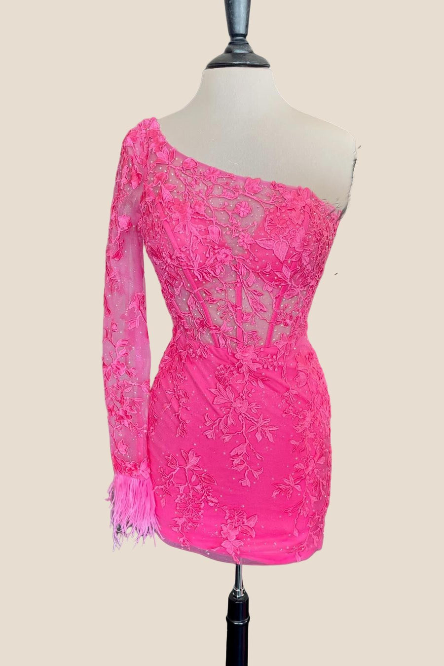 One Shoulder Hot Pink Appliques Tight Short Dress