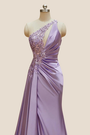 One Shoulder Lilac Sequin Ruched Long Dress