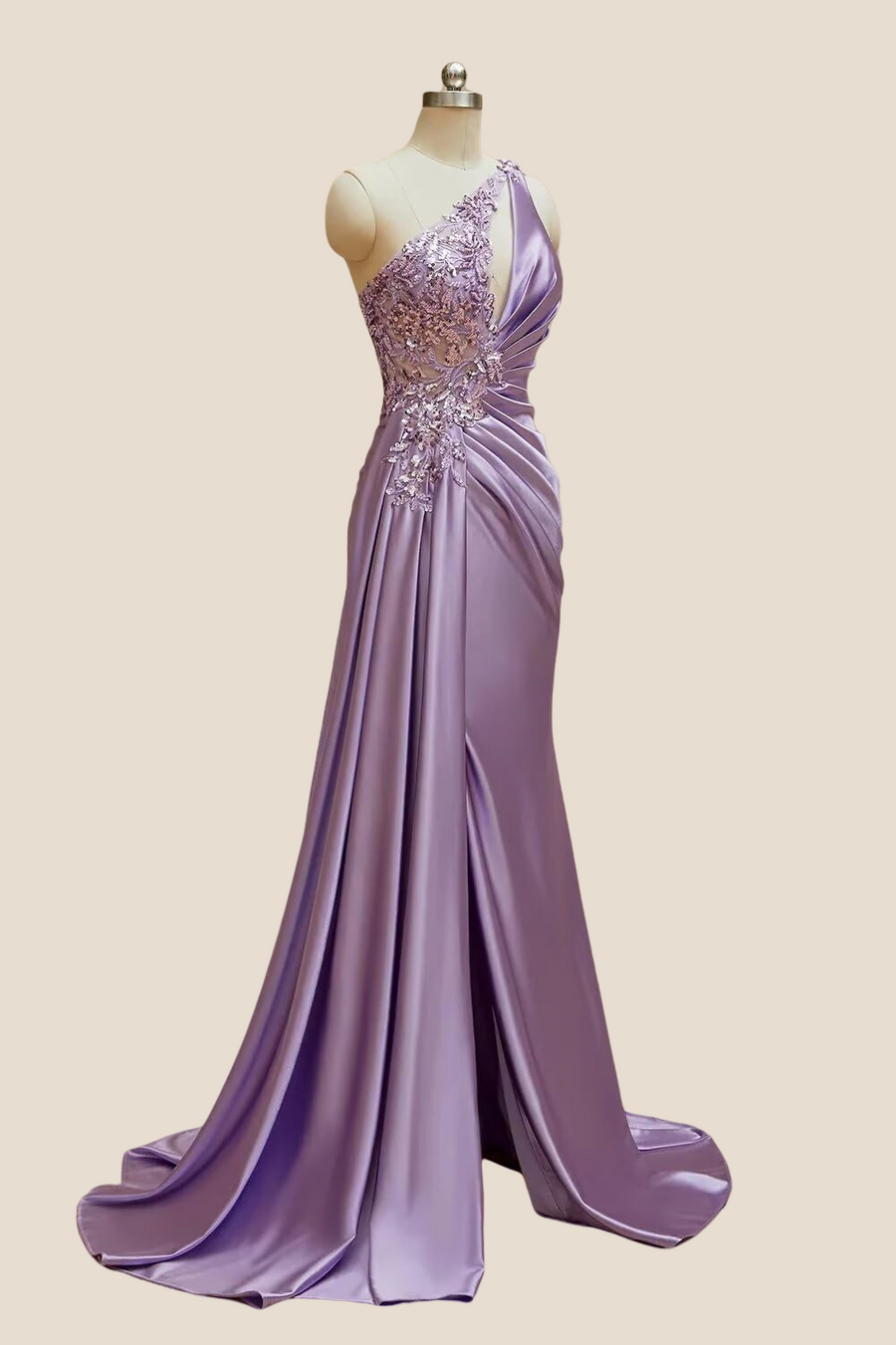 One Shoulder Lilac Sequin Ruched Long Dress