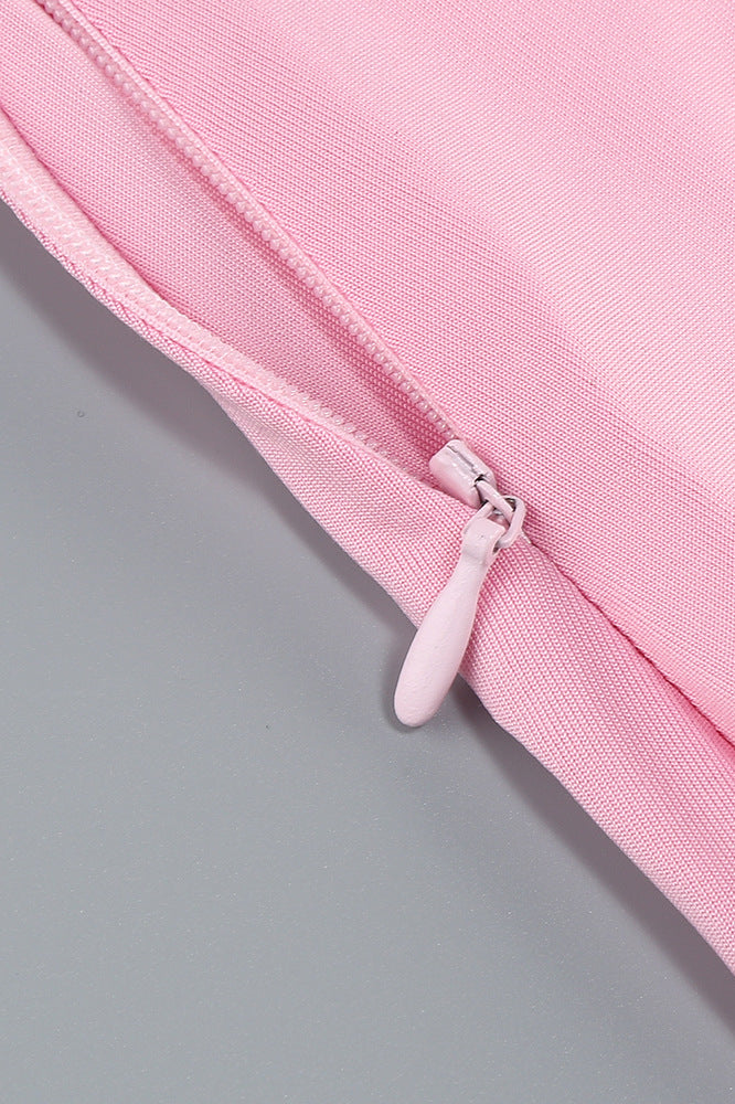 One Shoulder Pink Back Tie Fitted Long Dress