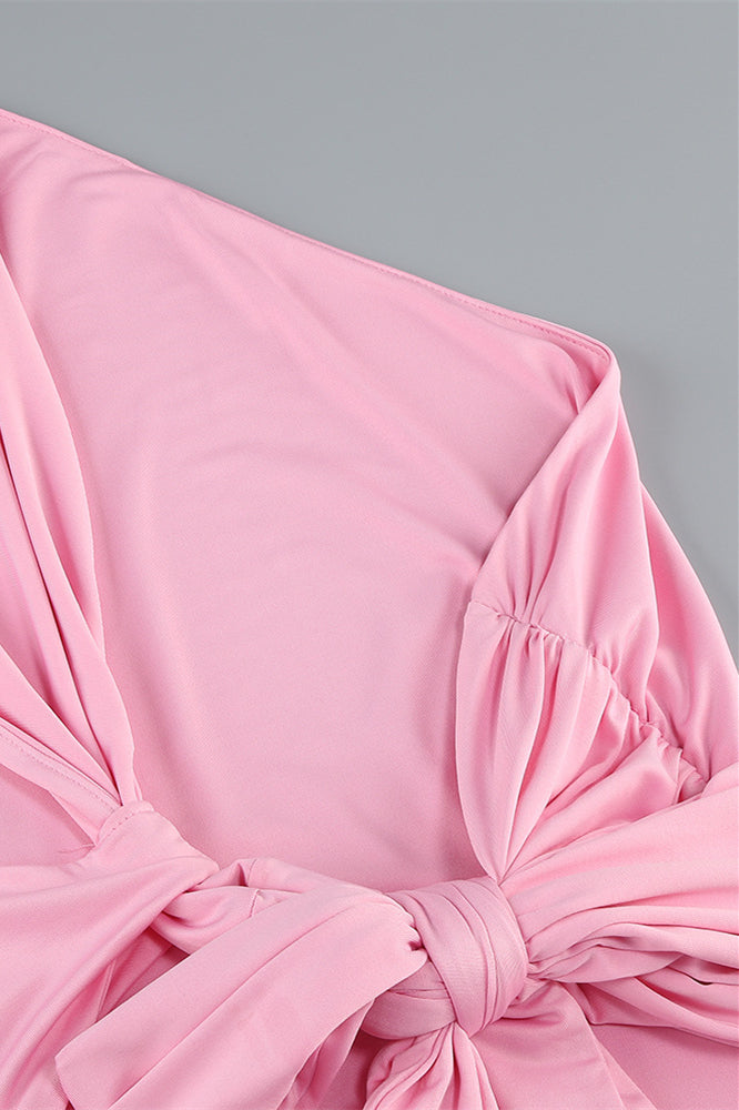 One Shoulder Pink Back Tie Fitted Long Dress