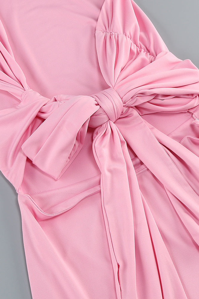 One Shoulder Pink Back Tie Fitted Long Dress
