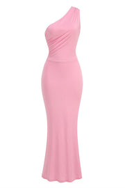 One Shoulder Pink Back Tie Fitted Long Dress