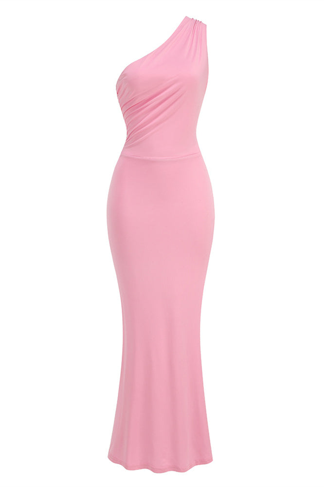 One Shoulder Pink Back Tie Fitted Long Dress