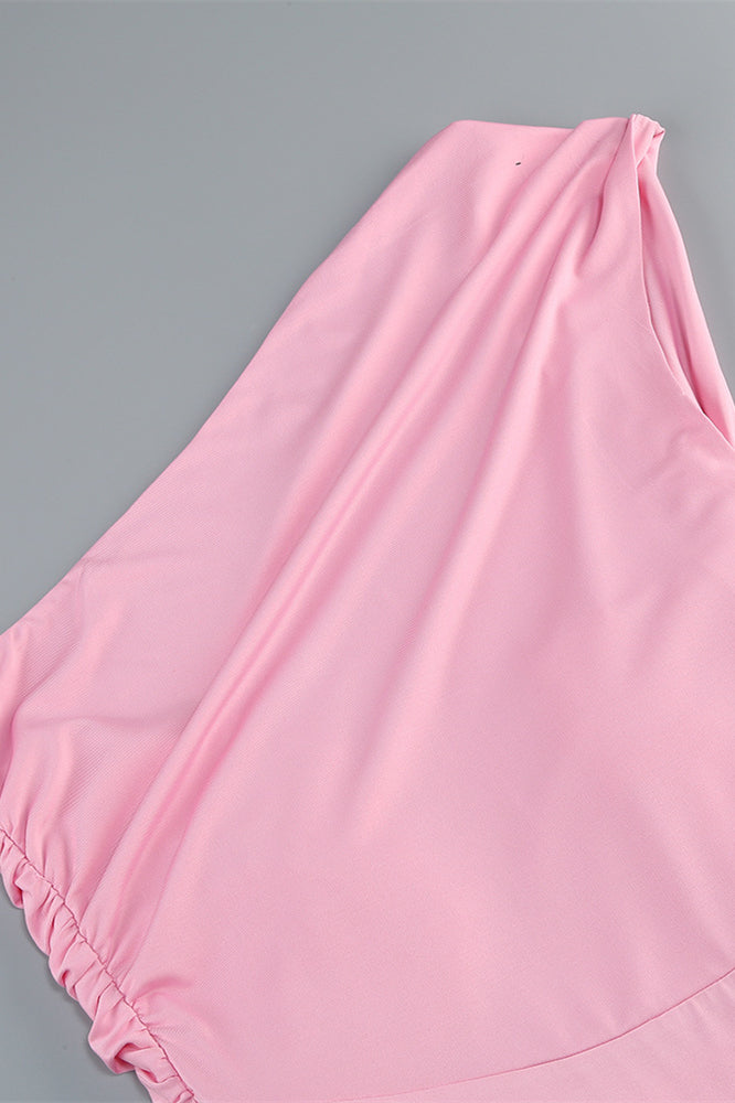 One Shoulder Pink Back Tie Fitted Long Dress