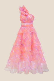 One Shoulder Pink Print Tiered Long Dress