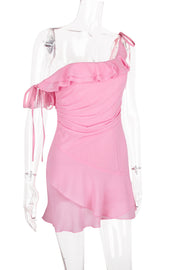 One Shoulder Pink Ruffle Chiffon Party Dress