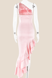 One Shoulder Pink Ruffle Hem Long Dress