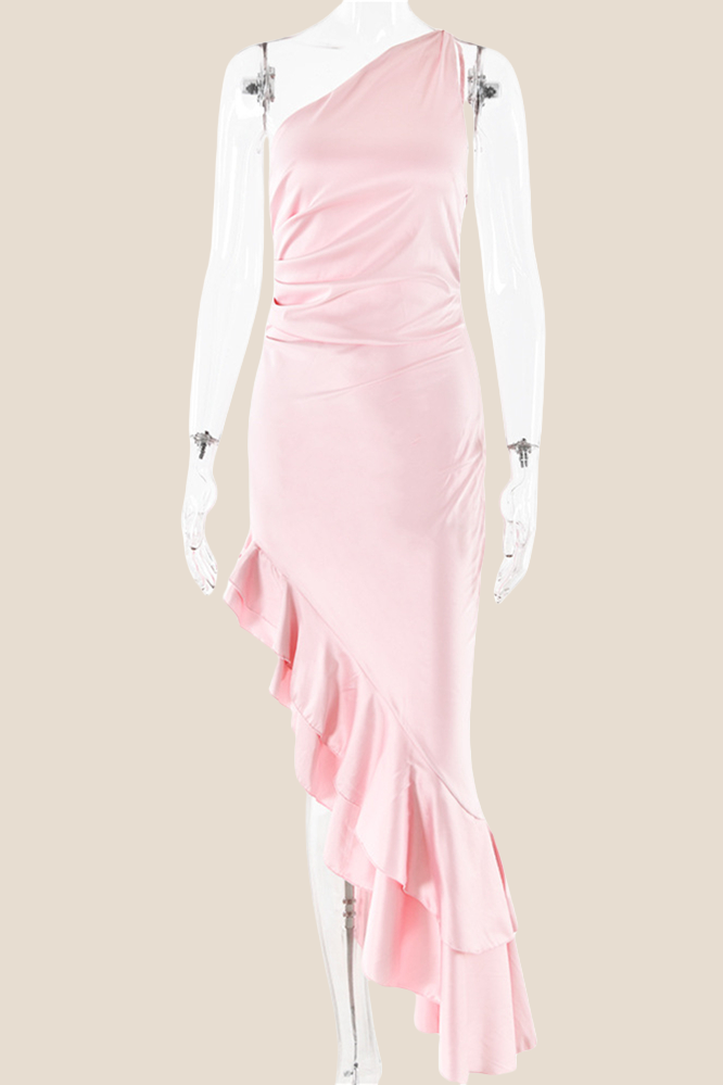 One Shoulder Pink Ruffle Hem Long Dress