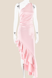 One Shoulder Pink Ruffle Hem Long Dress