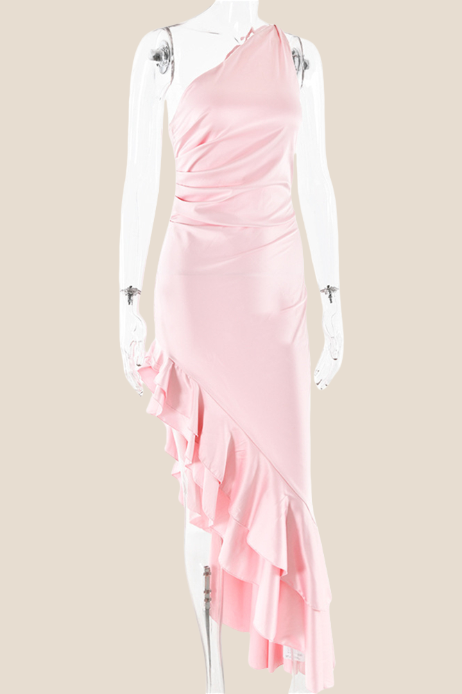 One Shoulder Pink Ruffle Hem Long Dress