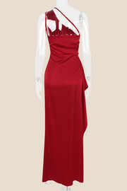 One Shoulder Red Ruched Long Dress with Slit