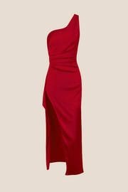 One Shoulder Red Ruched Long Dress with Slit