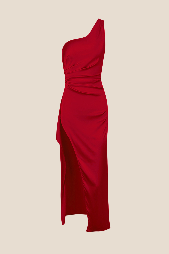 One Shoulder Red Ruched Long Dress with Slit