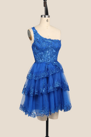 One Shoulder Royal Blue Sequin Tiered Short Dress