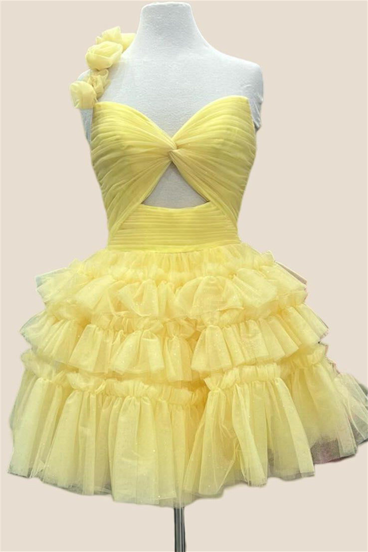 One Shoulder Yellow Ruched Tiered Short Dress