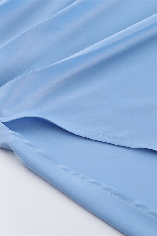 One Shoulder Blue Ruched Slit Long Dress