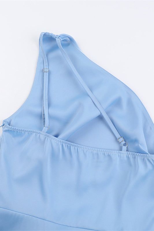 One Shoulder Blue Ruched Slit Long Dress