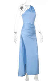 One Shoulder Blue Ruched Slit Long Dress
