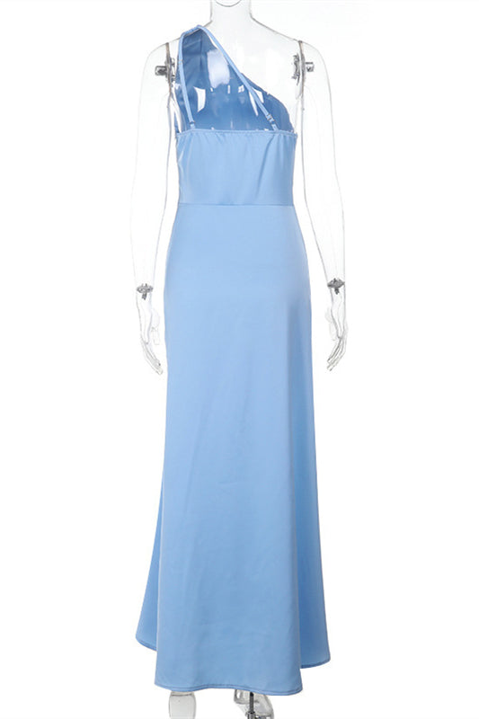 One Shoulder Blue Ruched Slit Long Dress