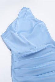 One Shoulder Blue Ruched Slit Long Dress