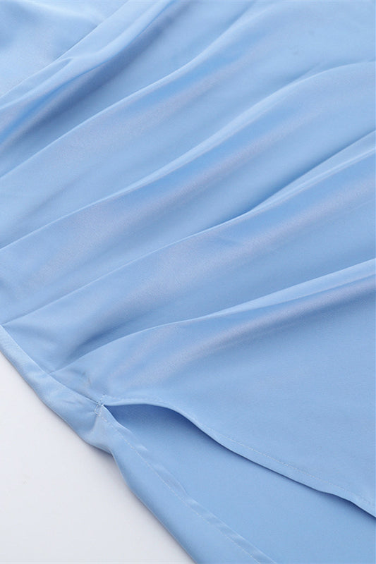 One Shoulder Blue Ruched Slit Long Dress