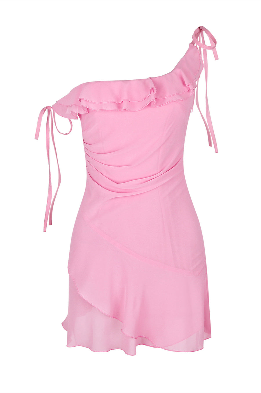 One Shoulder Pink Ruffle Chiffon Party Dress