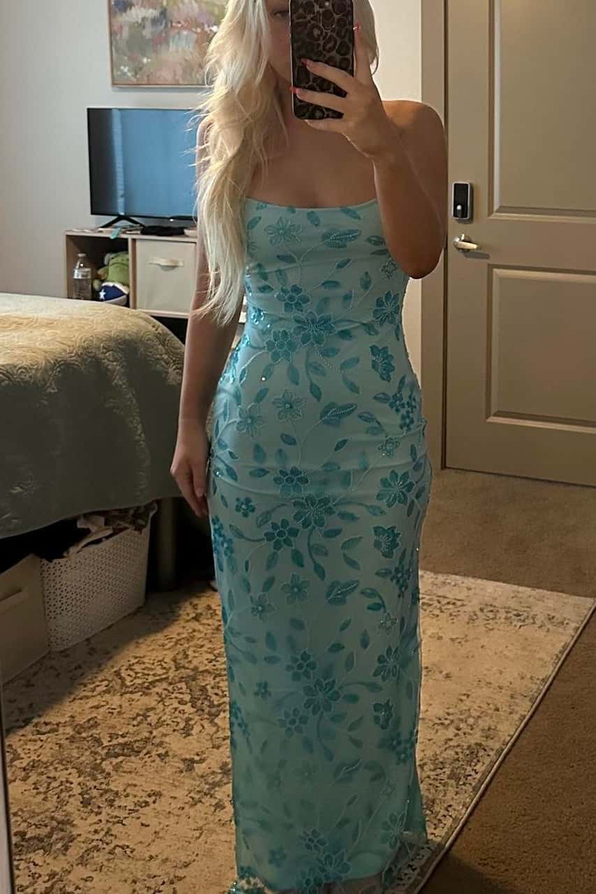 Blue Beaded Flowers Fitted Long Dress Ohmollydress Blue Beaded Flowers Fitted Long Dress Ohmollydress