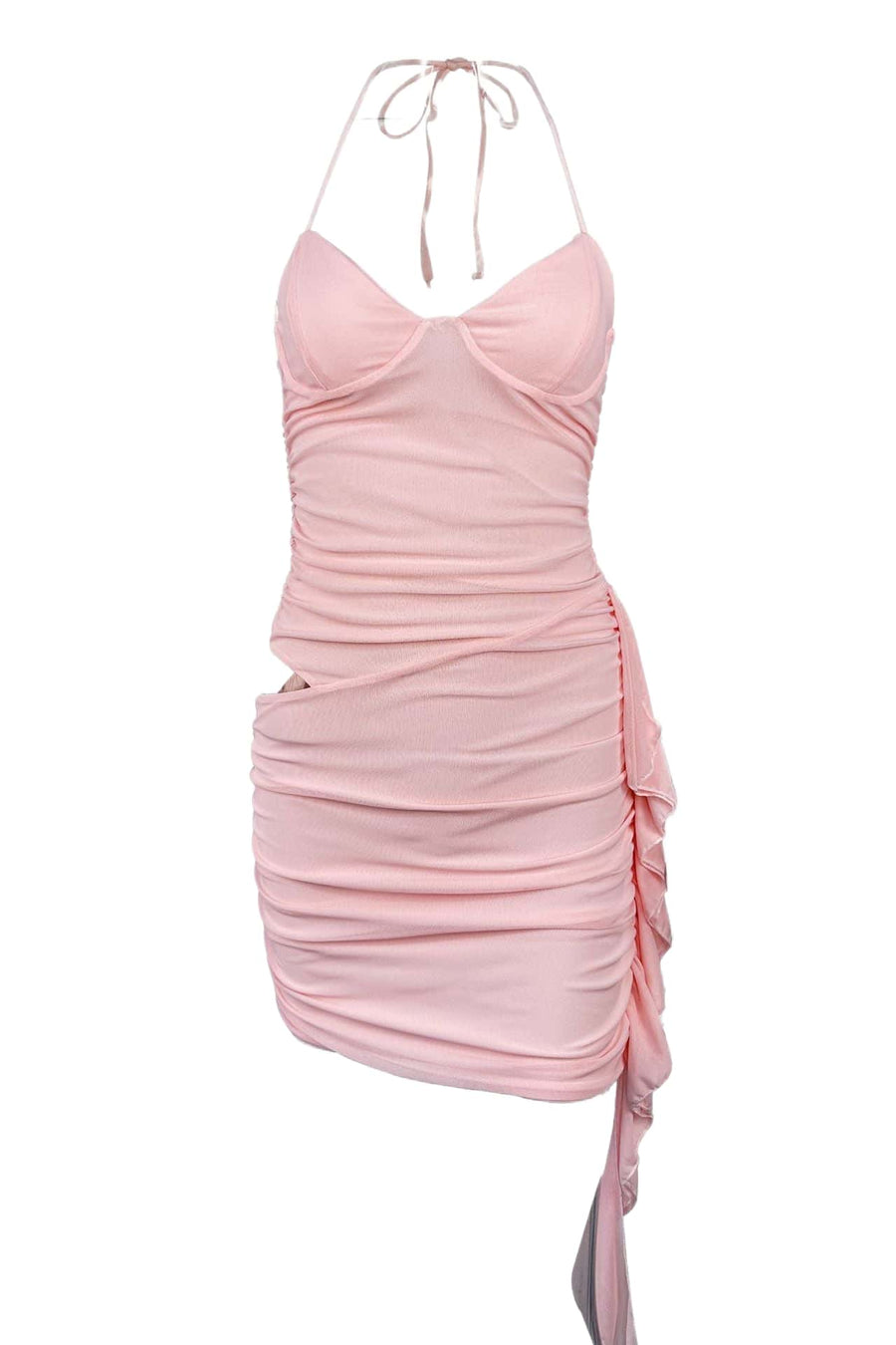 Halter Pink Fitted Frill Train Short Dress