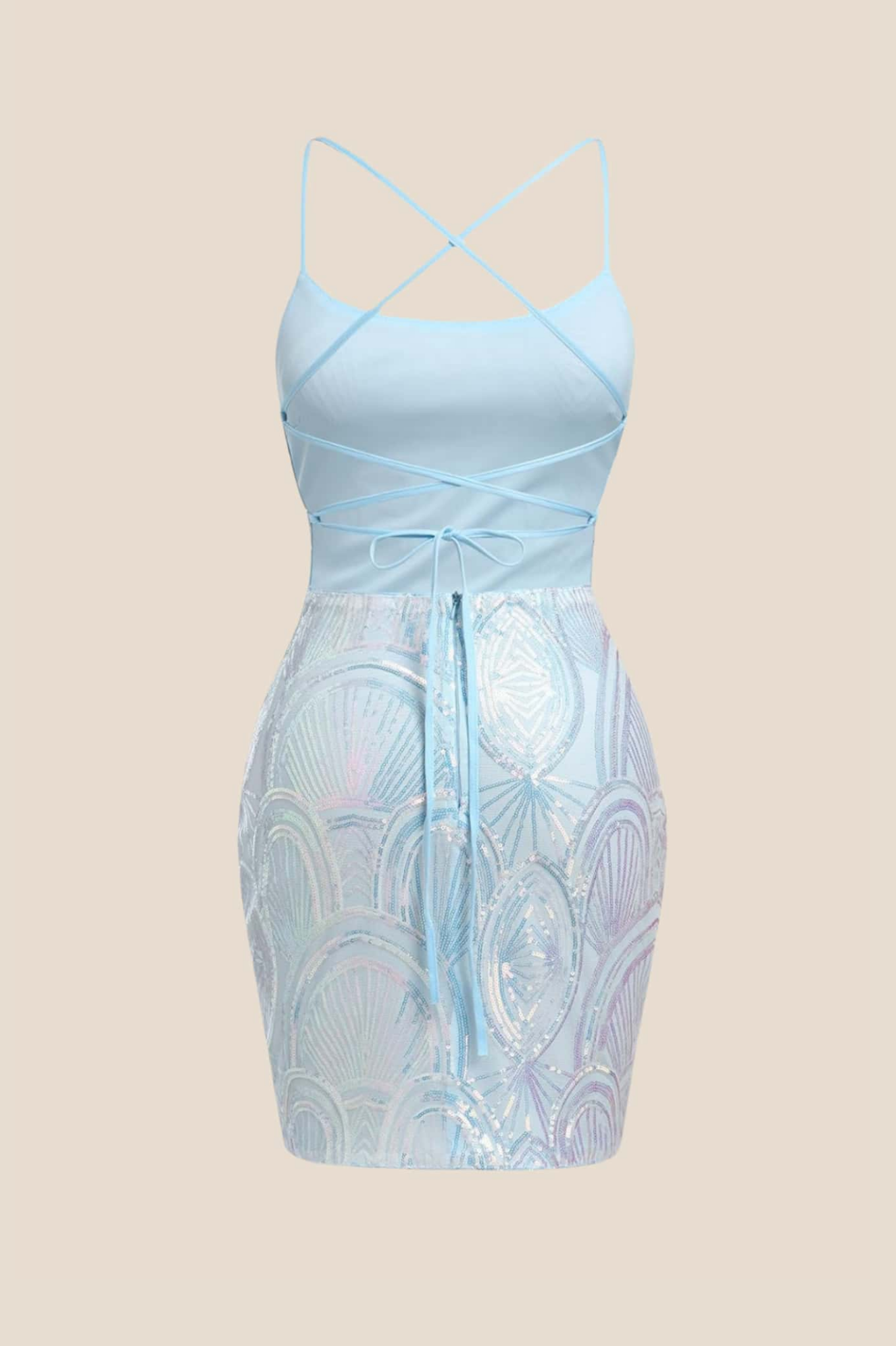 Square Neck Light Blue Short Dress with Sequin