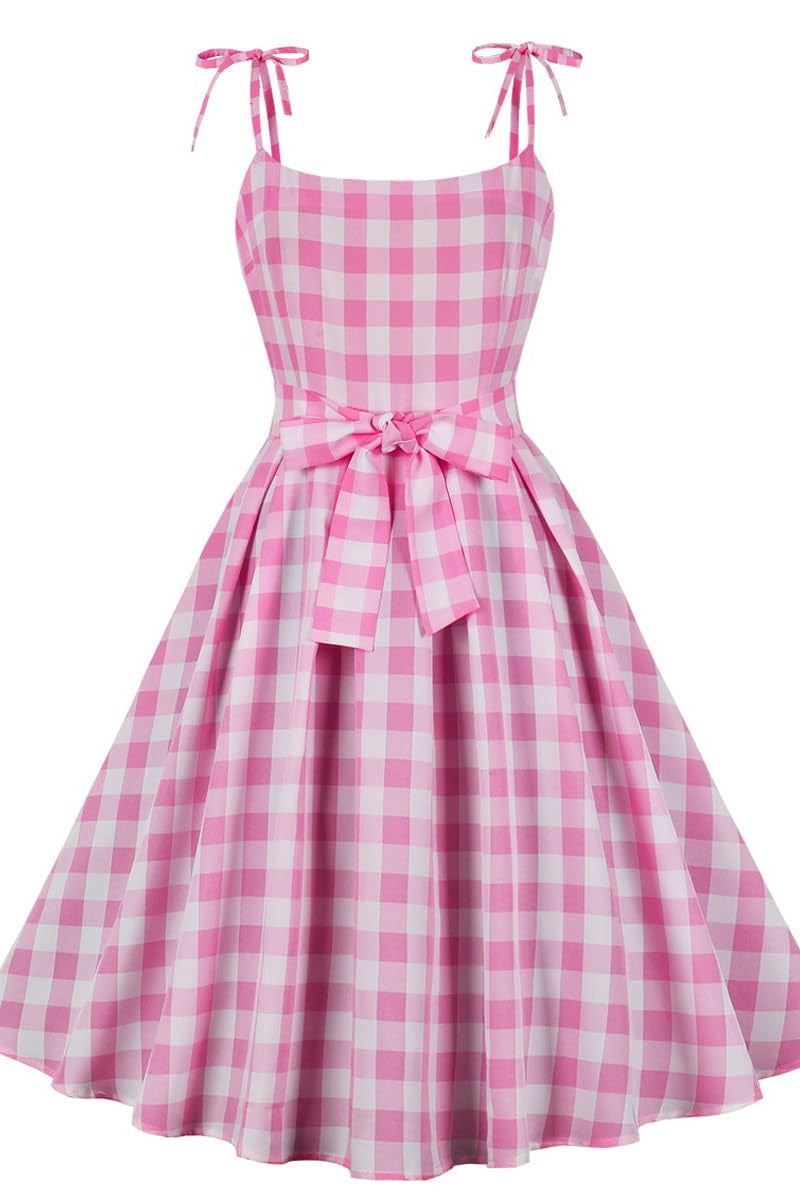 Bow Straps Pink Plaid Gingham Swing Dress