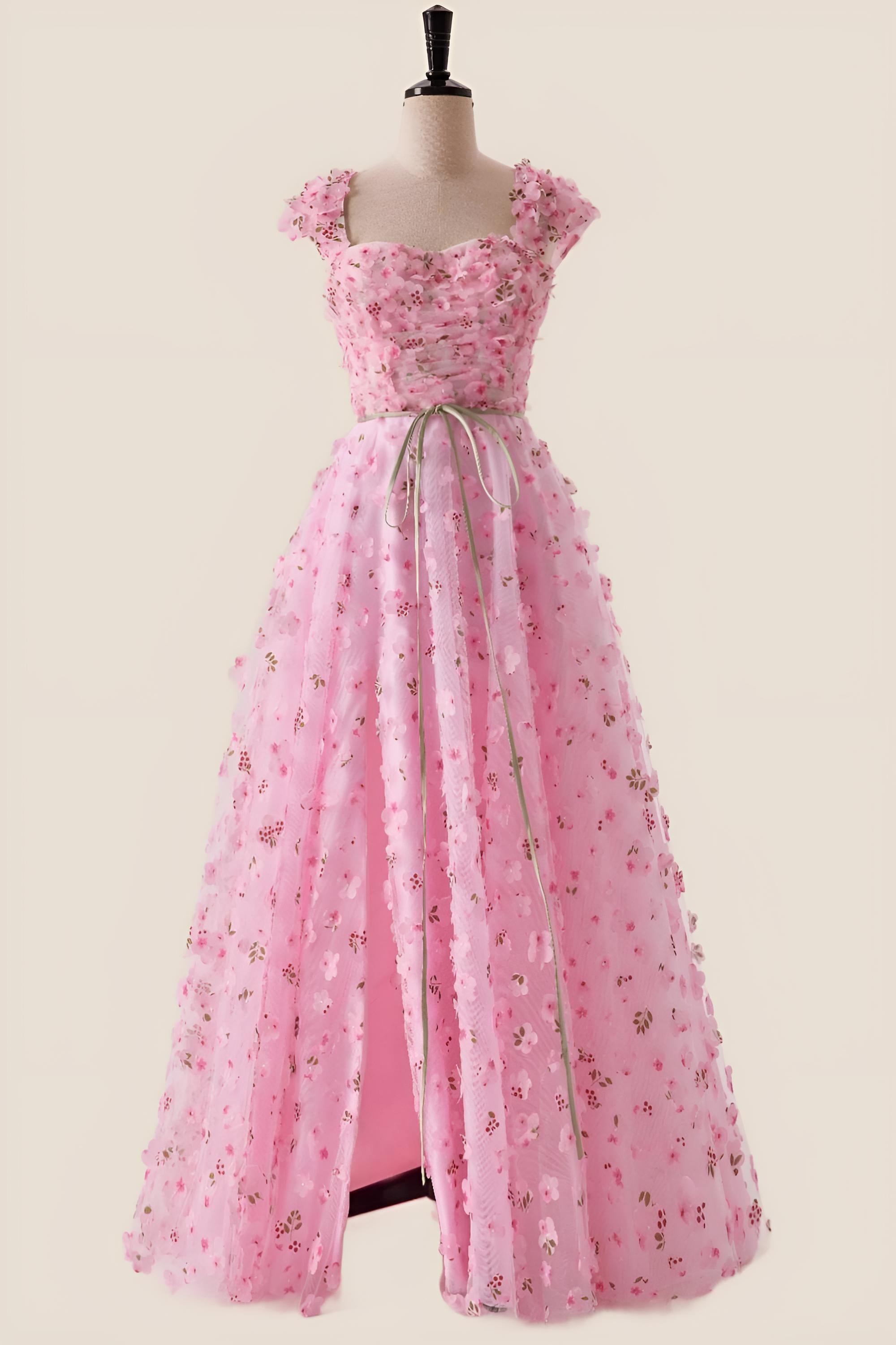 Pink Floral Cap Sleeves Long Formal Dress – Ohmollydress