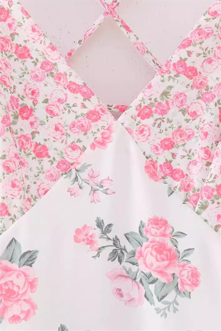 Pink Floral Print Ruffles Long Summer Dress