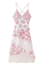 Pink Floral Print Ruffles Long Summer Dress