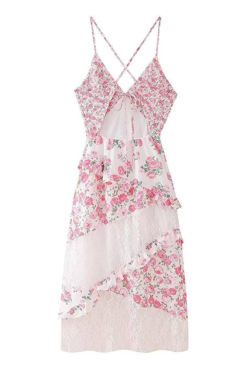 Pink Floral Print Ruffles Long Summer Dress